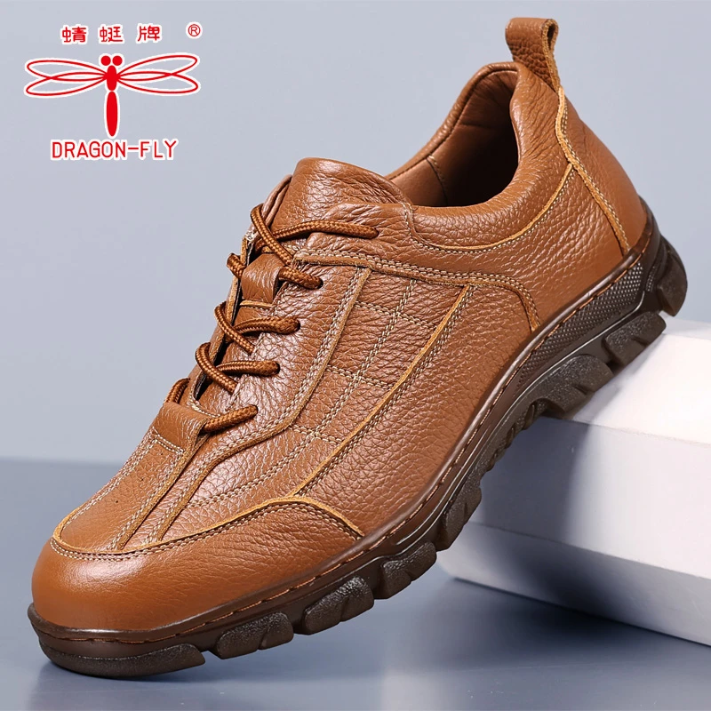 【头层牛皮】蜻蜓牌男鞋中老年系带牛筋底防滑耐磨休闲皮鞋户外运动