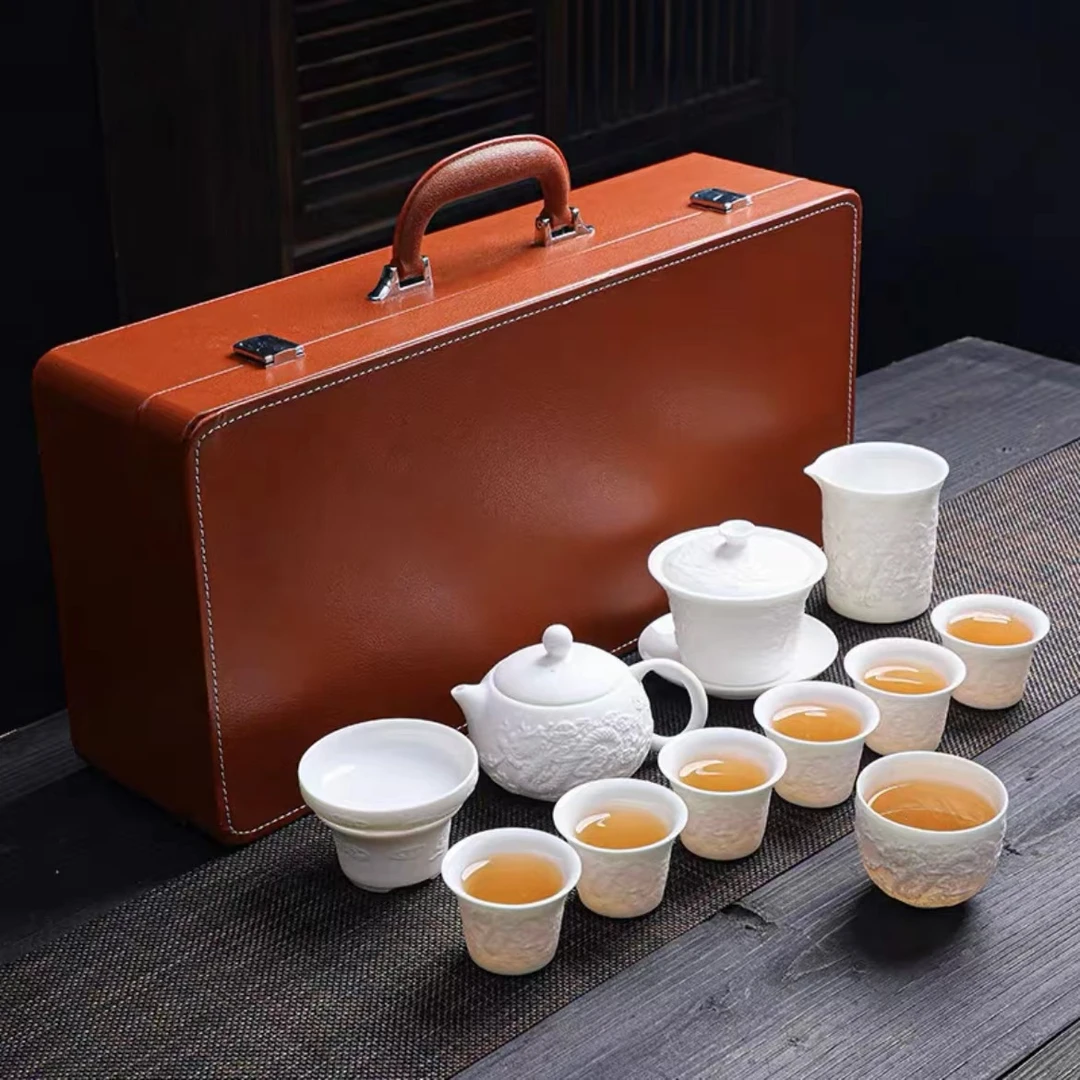 【闪购商品】高端羊脂玉素烧凤鸣壶盖碗皮质礼盒茶具套装B0048高档