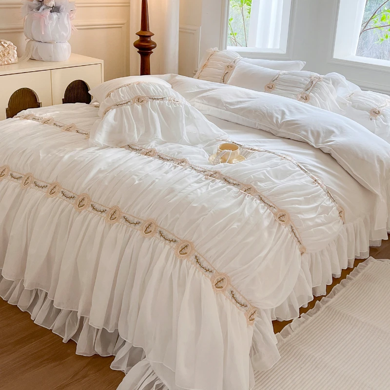 法式浪漫全棉公主风床上四件套纯棉高定蕾丝荷叶边被套床裙少女心