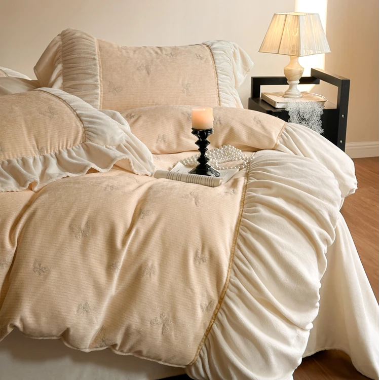 冬季高级感加厚牛奶绒四件套轻奢提花保暖珊瑚绒被套少女床上用品