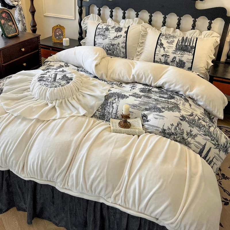 法式复古冬季加绒加厚牛奶绒四件套公主风花边被套毛绒珊瑚绒床裙