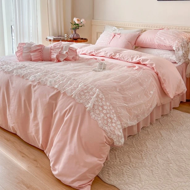 【床裙款~】轻奢浪漫蕾丝纯棉全棉四件套法式粉色公主风床上用品