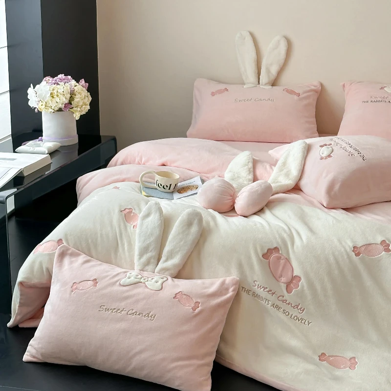 【超级可爱~】冬季加厚牛奶绒四件套少女心双面珊瑚绒被套卡通床单