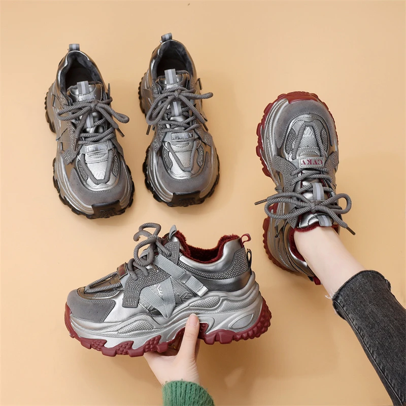 欧洲站水钻老爹鞋女2024年秋冬新款加绒休闲运动鞋厚底百搭复古鞋