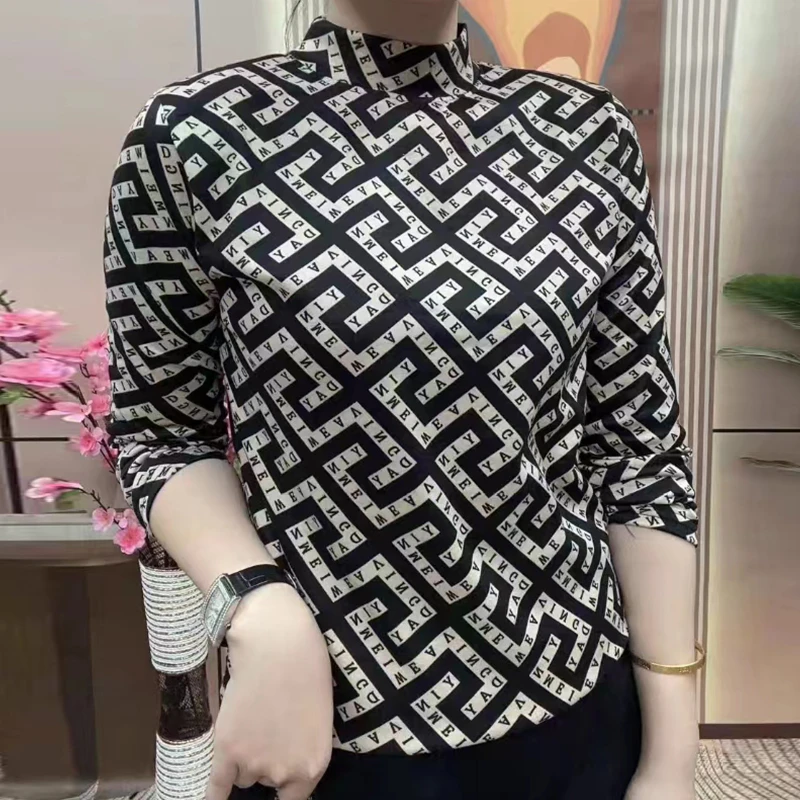 秋季新款2023时尚洋气半高领印花打底衫百搭气质长袖