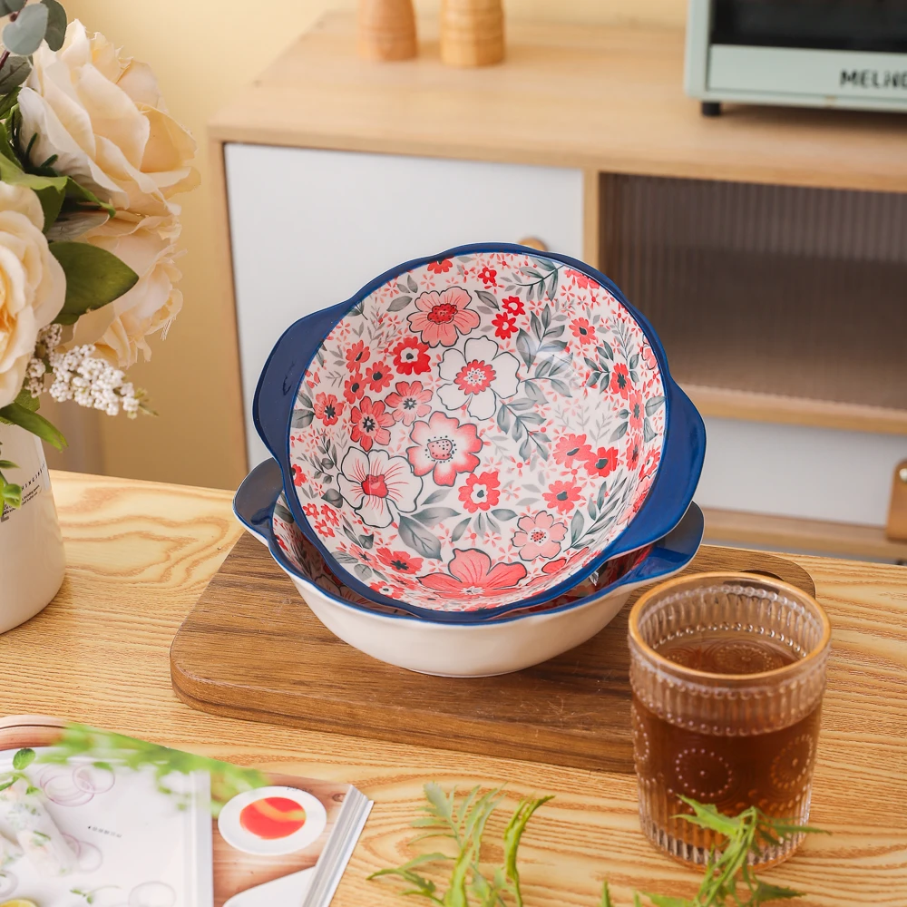 七里香系列清新高颜值家用陶瓷餐具8英寸双耳反口汤碗面碗沙拉碗