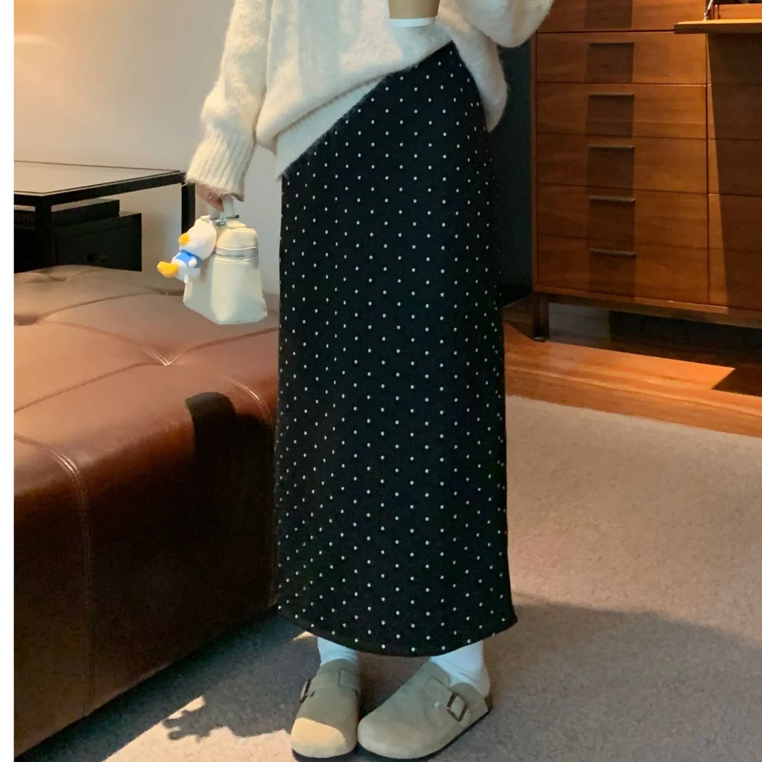 后开叉松紧腰毛呢波点中长裙韩版高腰显瘦时尚休闲A字半身裙女