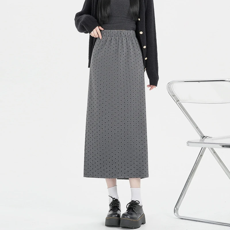 灰色波点半身裙女秋冬新款高腰开叉a字裙松紧腰中长款气质包臀裙