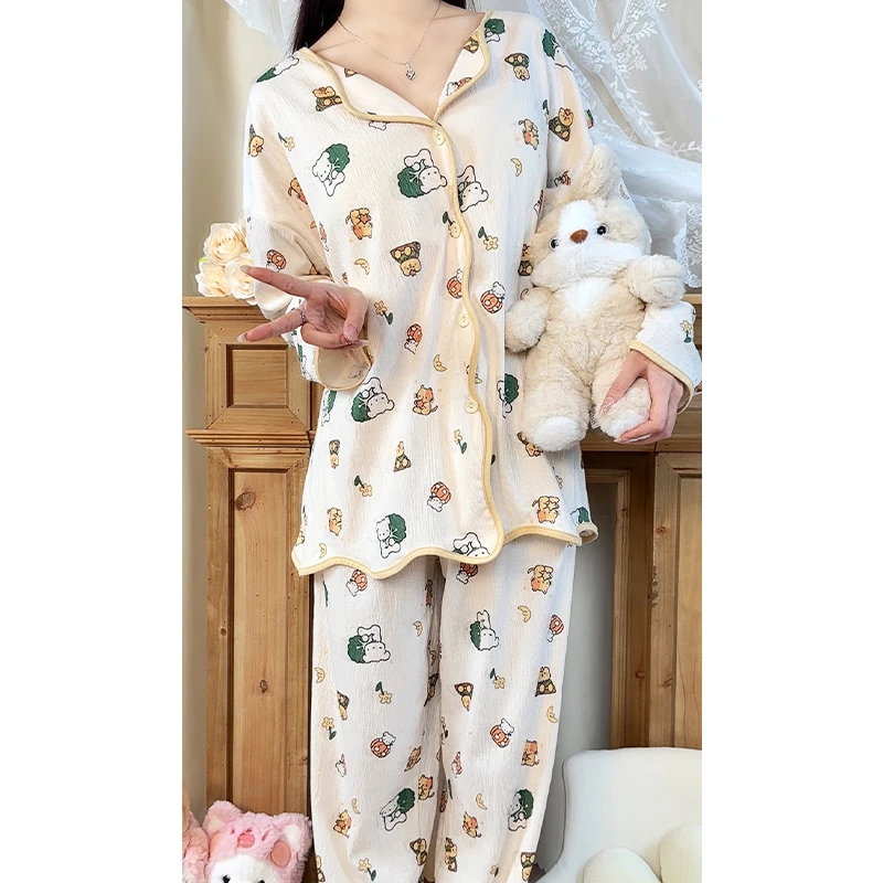 2024新款睡衣女春秋长袖长裤开衫翻领自带胸垫可外穿家居服套装