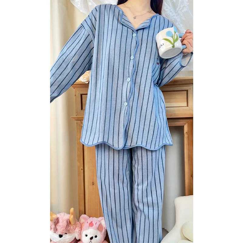 2024新款睡衣女春秋长袖长裤开衫翻领自带胸垫可外穿家居服套装