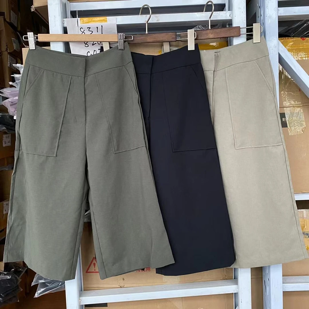 2024女款西装面料糙面女款高腰六分裤夏季时尚百搭薄款阔腿裤8126