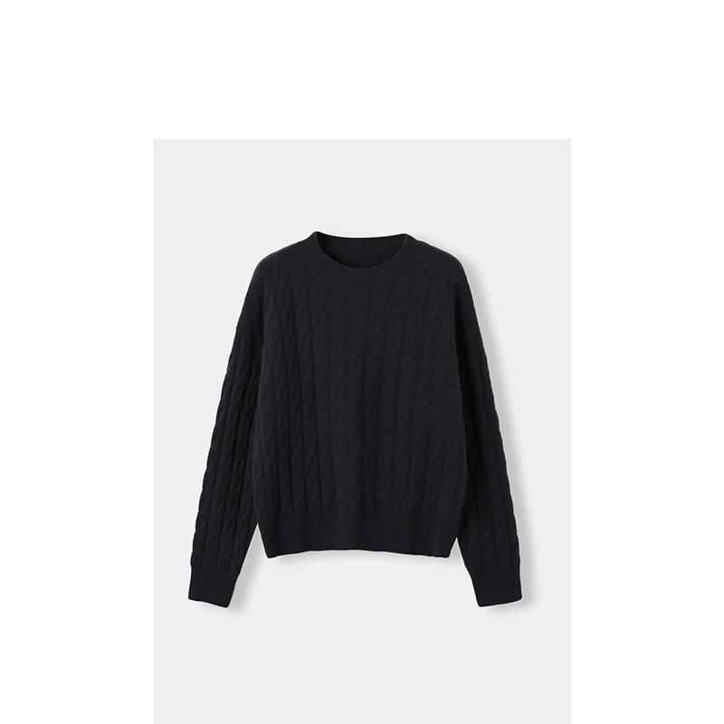 粗麻花显瘦显白圆领保暖加厚针织羊毛+兔毛毛衣深灰+白QXPA149X