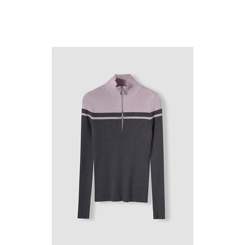 长袖修身休闲百搭半拉链高领针织上衣女 鼠尾草灰 AXZY008