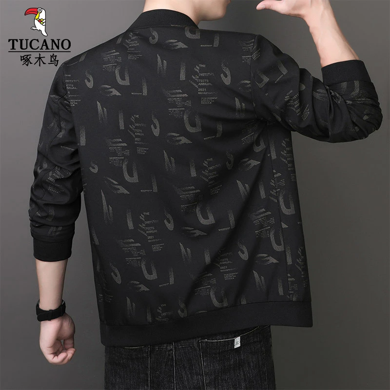 啄木鸟春秋季夹克男帅气高端印花茄克衫加绒加厚大码潮流时尚外套