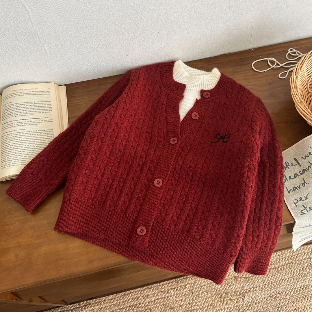 儿童毛衣冬季女童洋气毛衫宝宝红色复古加厚假两件女宝针织衫