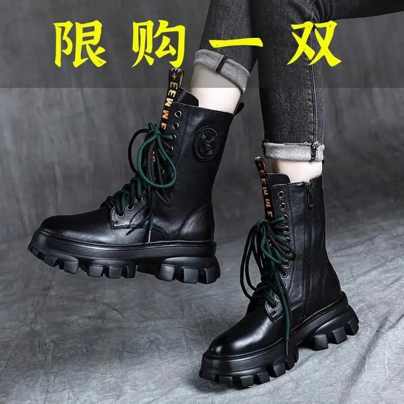 真软皮马丁靴松糕厚底复古加厚雪地靴2023秋冬中筒女英