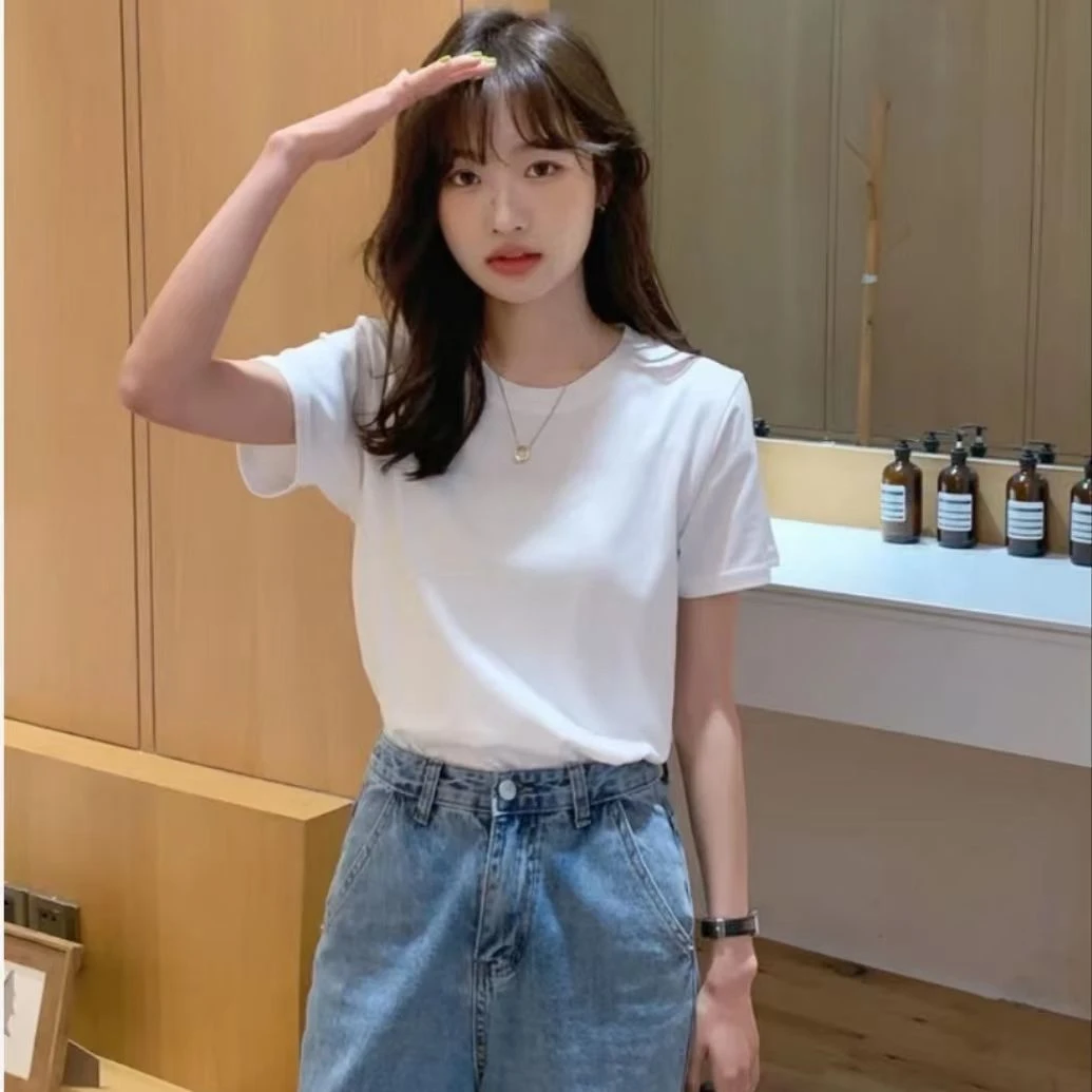 简约圆领百搭修身显瘦内搭短袖t恤女士大码上衣设计感夏季显瘦款