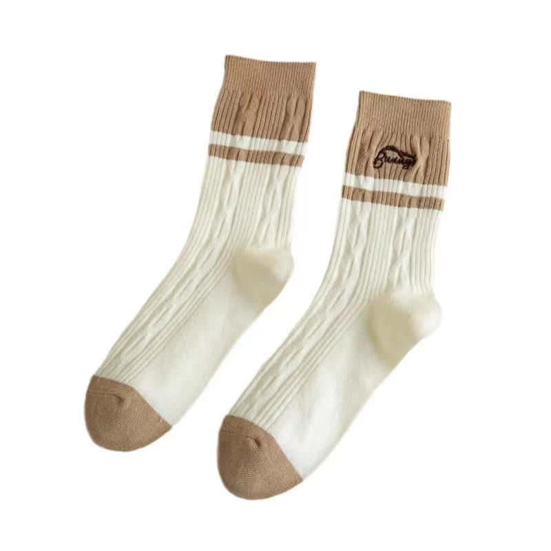 袜子女秋冬新款全棉中筒袜日系复古条纹堆堆袜吸汗防臭纯棉长筒袜