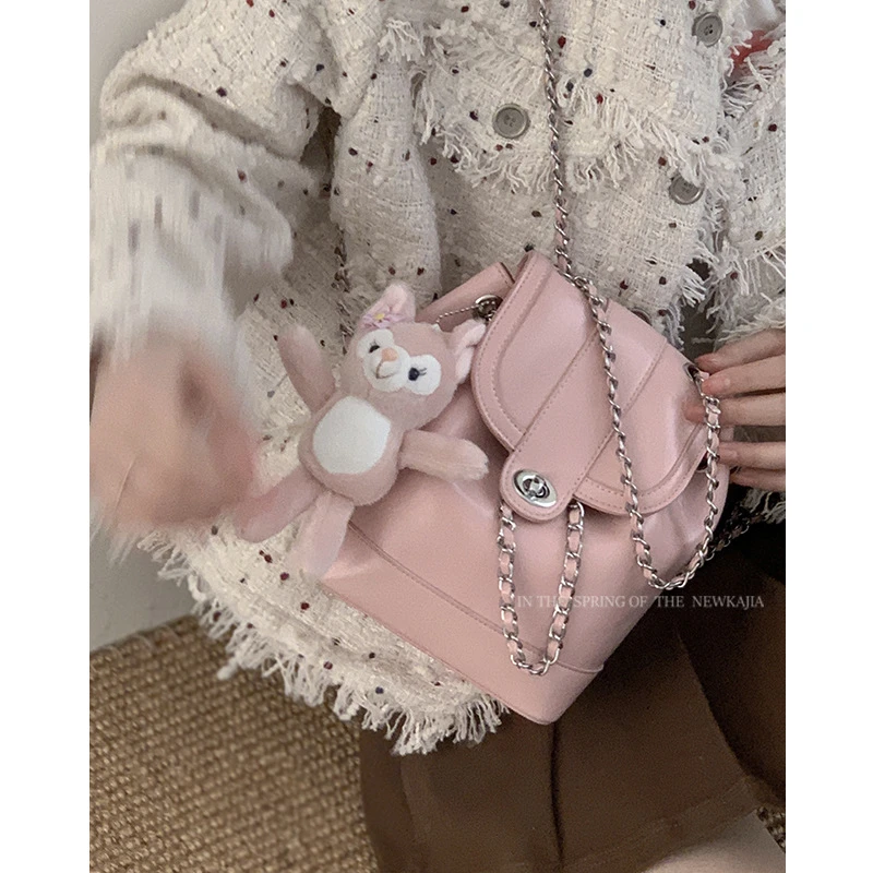 韩版小香风双肩包包2023新款链条水桶包女学生上课通勤大容量背包