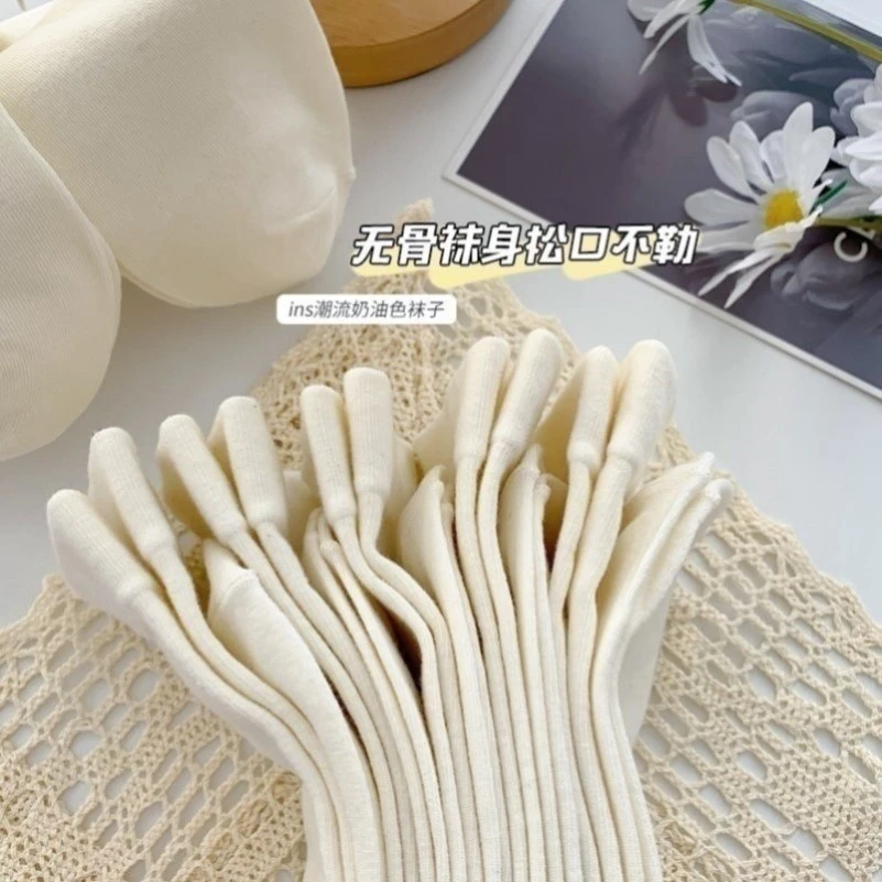 白色无骨袜子女堆堆袜中筒袜透气百搭学院风纯棉吸汗月子袜小白袜