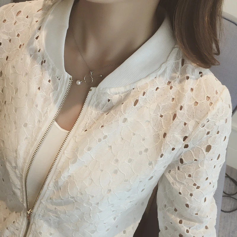 2024夏季新款韩版薄款长袖蕾丝防晒衣女装短款拉链棒球服外套