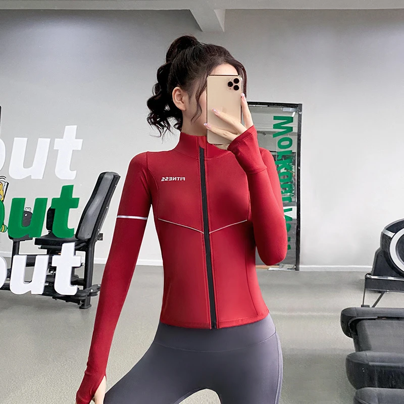 瑜伽服女2023春夏新款紧身拉链长袖上衣跑步训练运动健身服外套