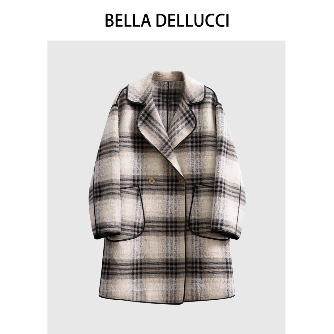 复古格子毛呢外套女2023冬季新款英伦风长款大衣