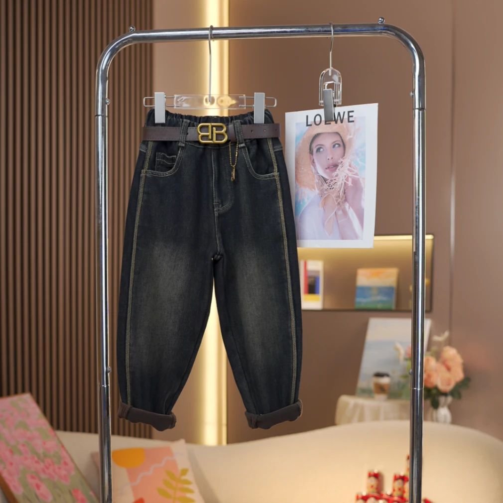 儿童加绒老爹裤2023冬季新款中大童宽松百搭女童洋气奥粒绒牛仔裤