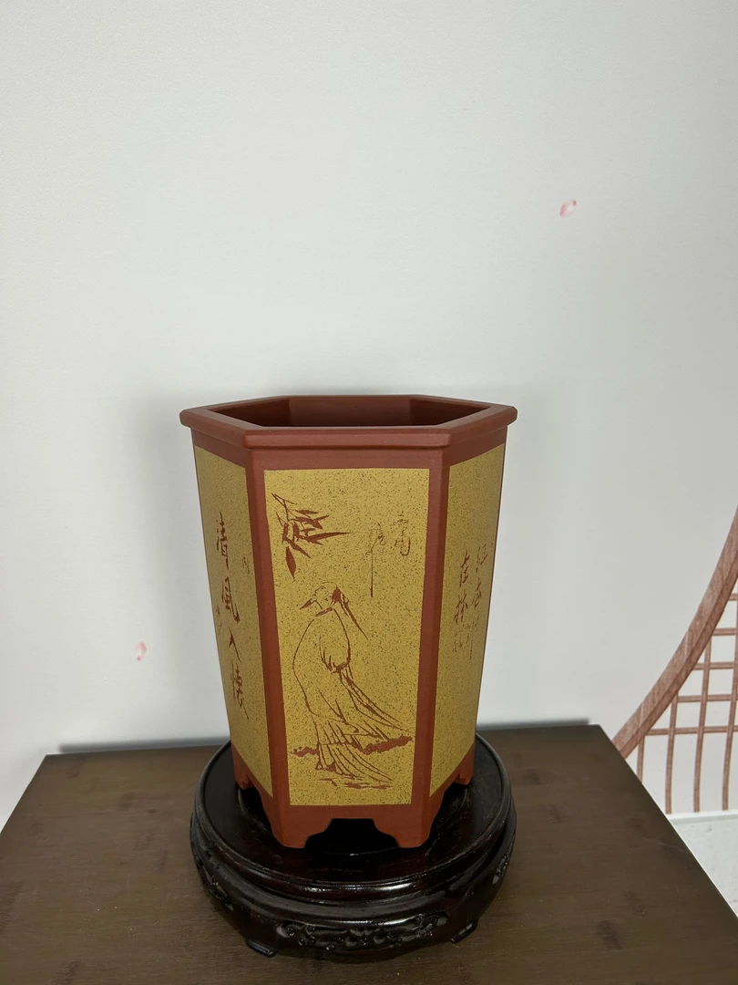 宜兴紫砂花盆六方粉浆直口手工刻字兰花盆