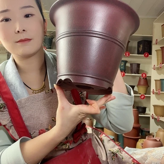 紫砂花盆宝双线陡盆古红