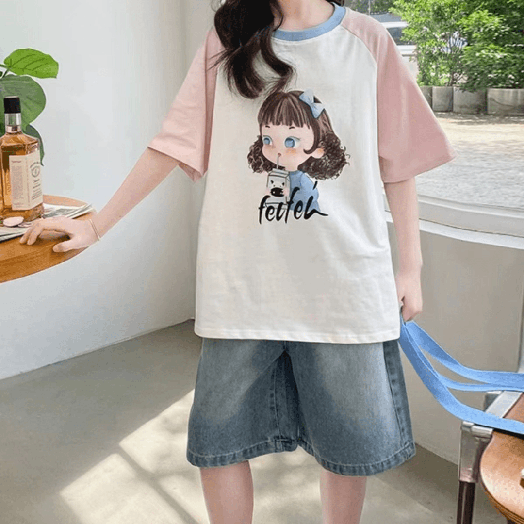 玛吉卡2024夏季新款女童休闲牛仔裤套装中大童潮流卡通印花套装