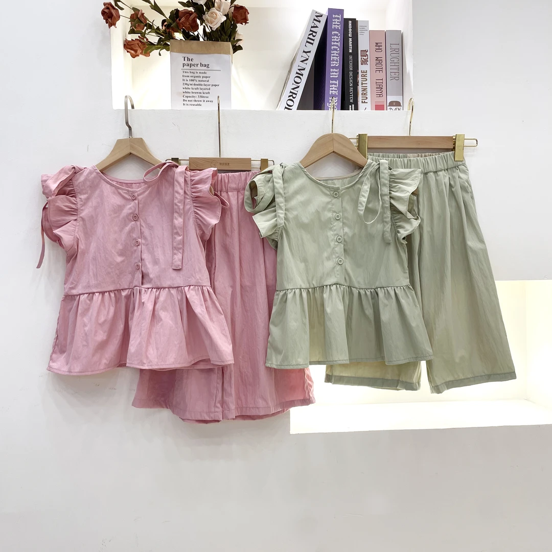 玛吉卡2024夏季新款女童洋气套装女宝短袖阔腿裤纯色薄款两件套潮