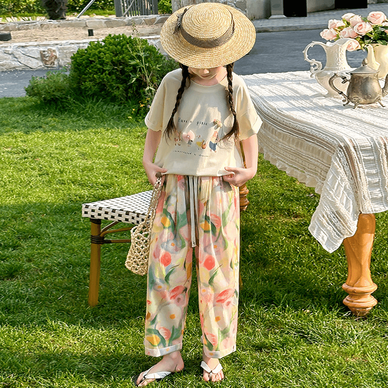 玛吉卡2024夏季女童短袖套装多巴胺穿搭中大童衣服防蚊裤两件套