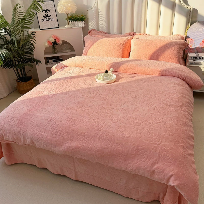 高端轻奢风8D雕花绒牛奶绒床上四件套双面绒被套床单加厚珊瑚绒