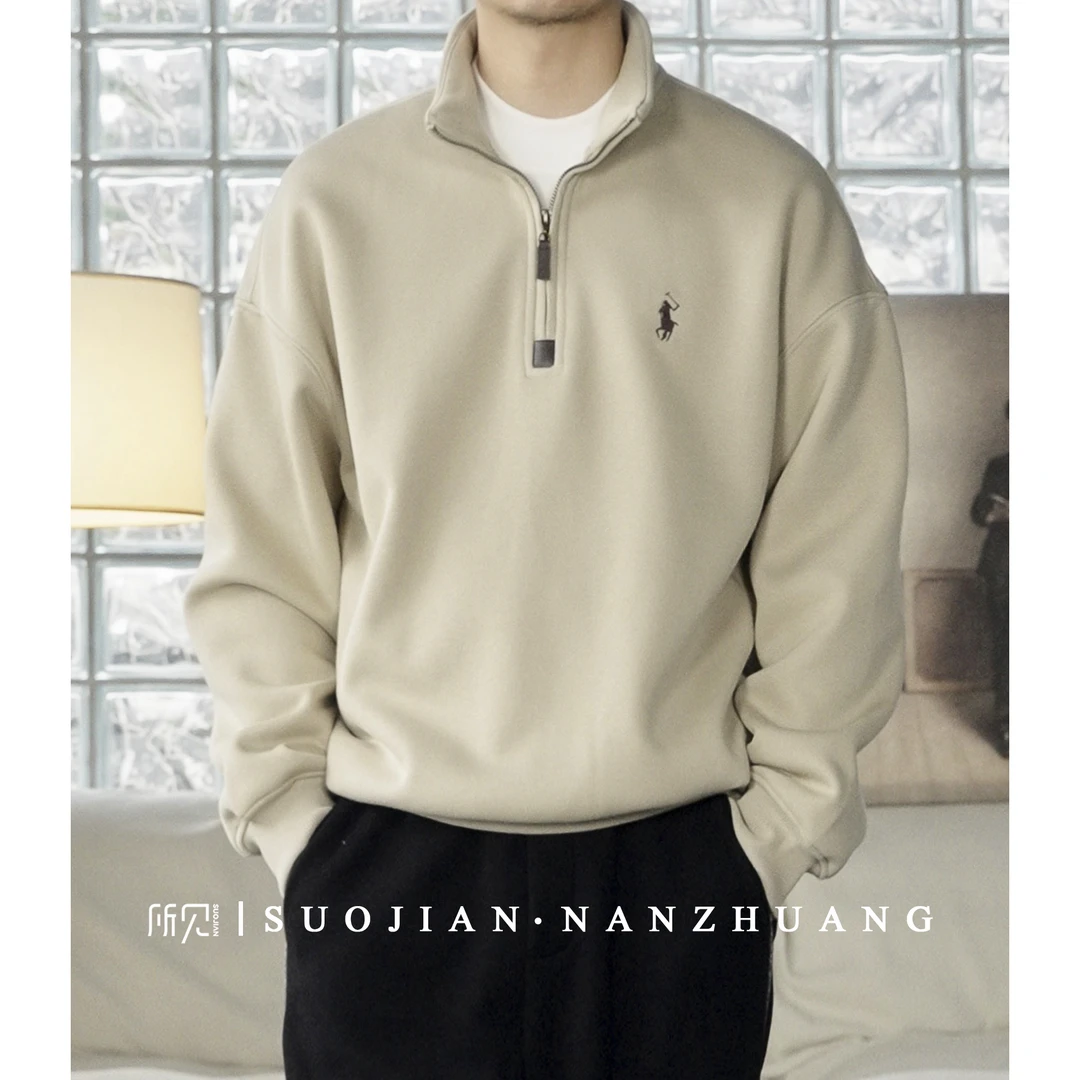 SUOJIAN休闲时尚冬男士保暖垂感加厚刺绣奥利绒潮流长袖立领卫衣