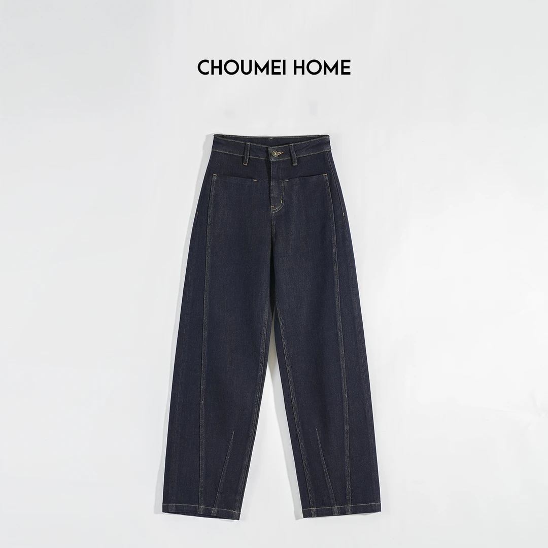 Choumei Home秋冬经典原色天丝牛仔裤女 高腰拼接丹宁直筒裤