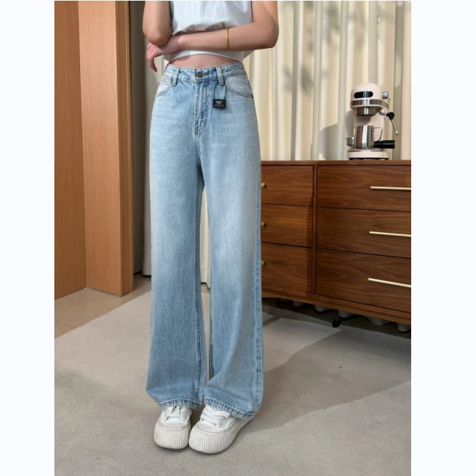 choumei  春款重工烫钻牛仔裤女 设计感高腰宽松直筒阔腿裤