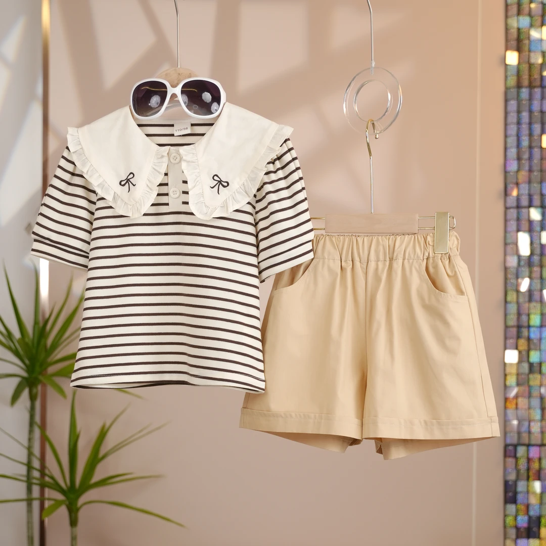 女童套装夏装休闲新款女孩宽松短袖娃娃领大翻领中大童洋气两件套