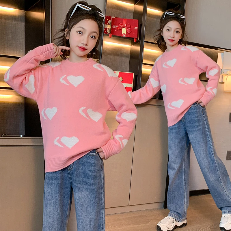 女童毛衣加绒加厚一体绒冬款加厚小女孩针织衫中大童亲子装打底衫