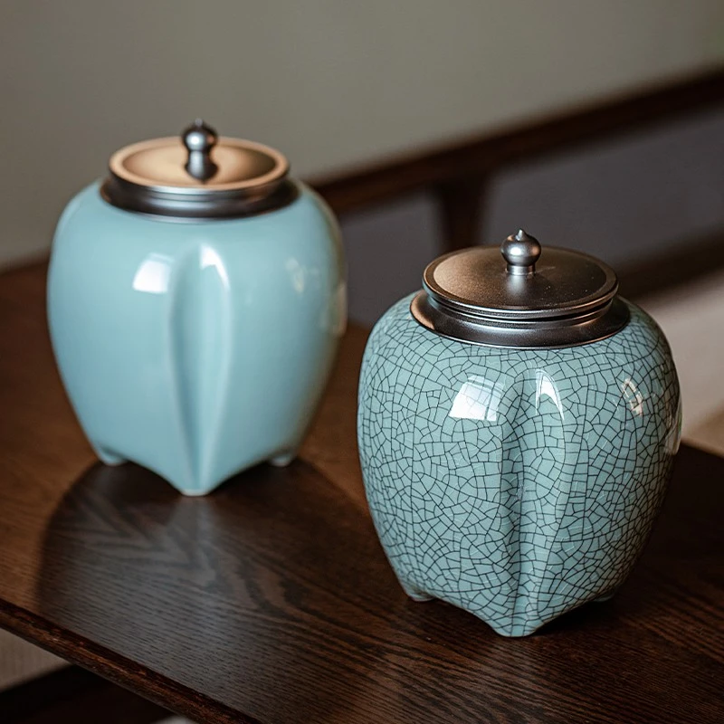 厂家直销哥窑青瓷茶叶罐家用储物罐创意高档大号存茶密封罐一斤装