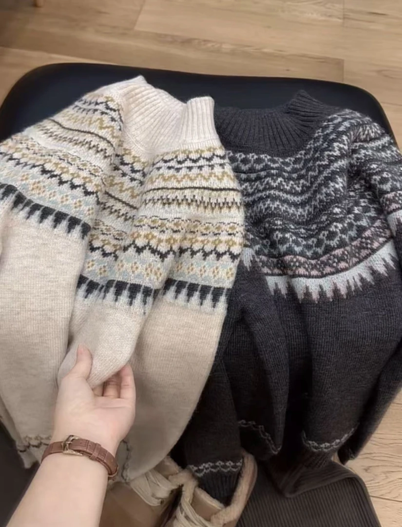 阿雨家森系费尔岛半高领提花套头毛衣