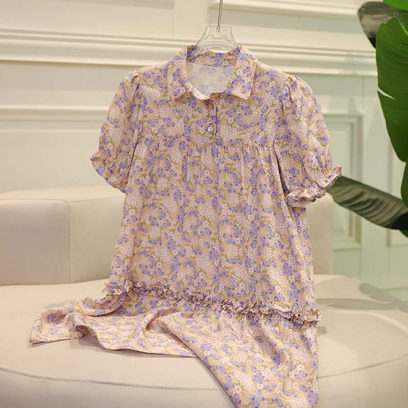 【茧音】 100%桑蚕丝夏季碎花裙子薄款儿童真丝短袖连衣裙