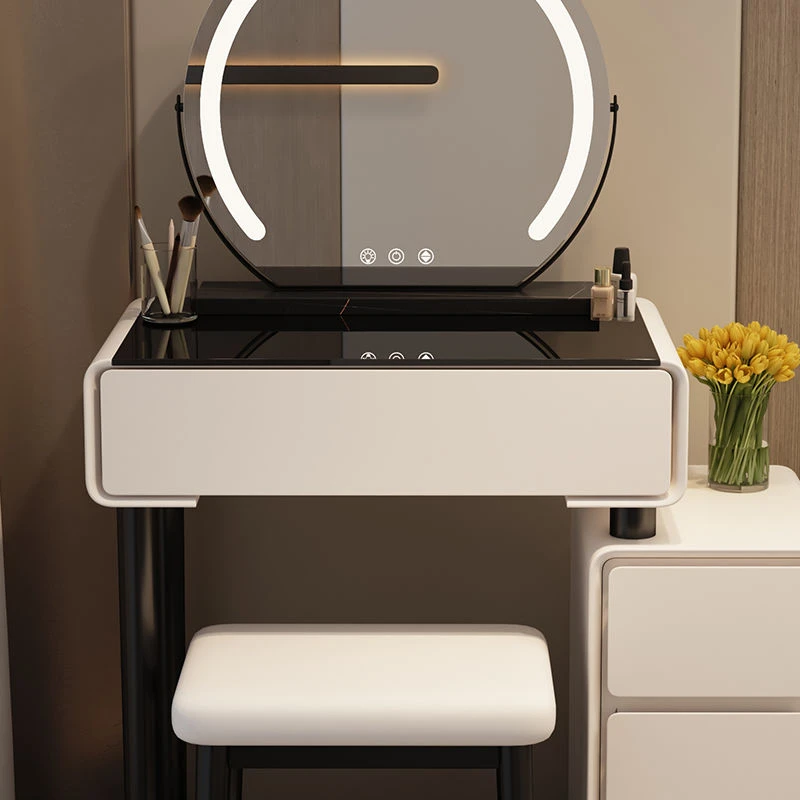 奶油风轻奢卧室床边卧室梳妆台小户型带斗柜化妆桌带灯储物家用