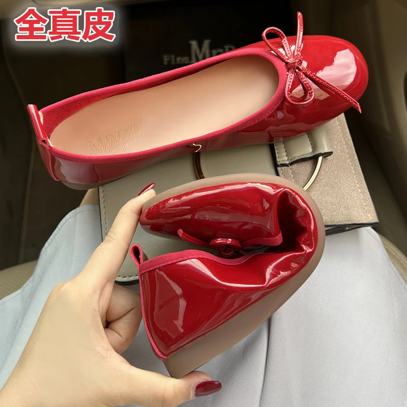 真皮芭蕾单鞋漆皮小红鞋红色瓢鞋蝴蝶结豆豆鞋软底蛋卷鞋女平底鞋