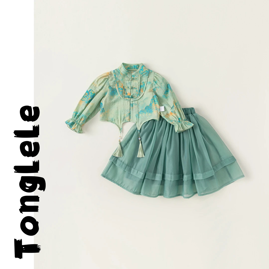 桐乐乐童装儿童国风套装山水画汉服两件套女童新中式套装复古绿薄