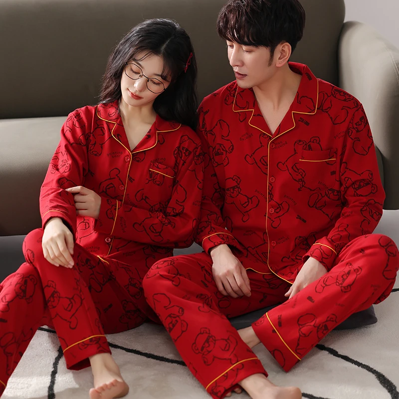 情侣纯棉睡衣2024年春秋季喜庆红长袖长裤套装大红新婚结婚家居服