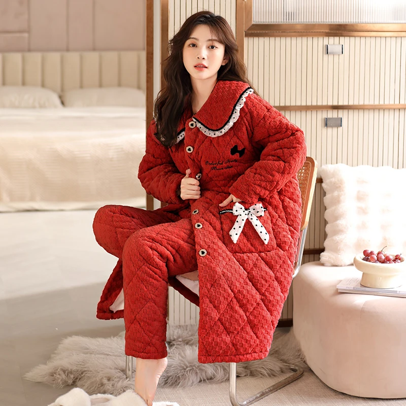 【三层夹棉】秋冬季珊瑚绒睡衣女套装大红色加绒加厚冬天女士家居服