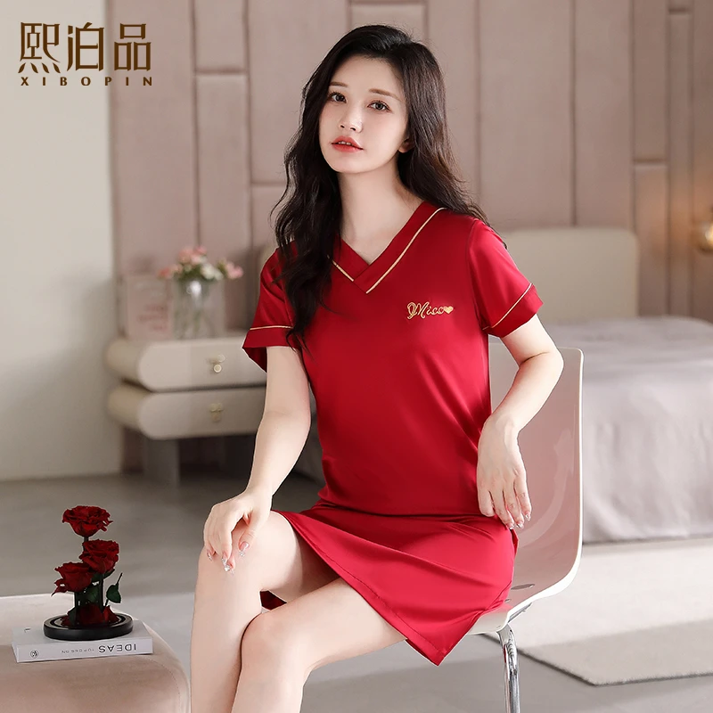 【有带胸垫可选】冰丝睡裙女红色本命年2025年新款夏季短袖喜庆睡衣