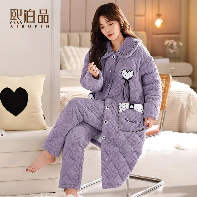 【三层夹棉】珊瑚绒秋冬款睡衣女套装长袖长裤两件套保暖加绒加厚