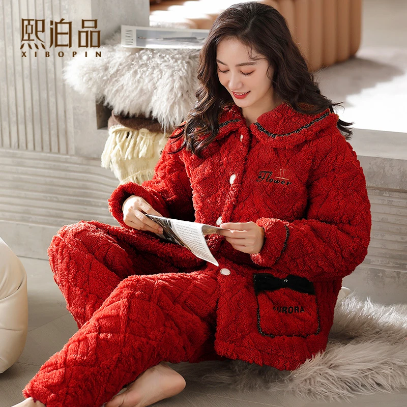 【三层夹棉】加绒加厚珊瑚绒睡衣女冬季保暖套装2025年新款家居服